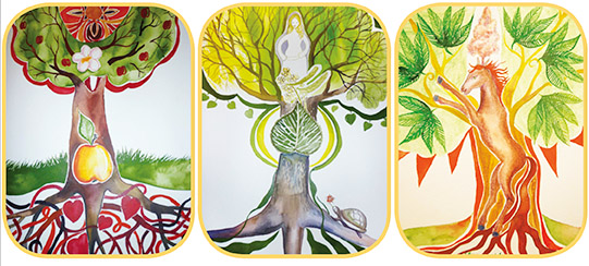 Von Meike Dörschuck gemalte und mit einprägsamen Symbolen ergänzte Baum-Porträts verdeutlichen die energetischen Charaktere der einzelnen Bäume. Drei Beispiele: Apfel (links) steht für Liebe, Leidenscchaft, Herz. Linde (Mitte) steht für Urmutter, Milde, Zuversicht. Rosskastanie (rechts) steht für Lichtgeber, Freundschaft, Großzügigkeit und Mitgefühl.